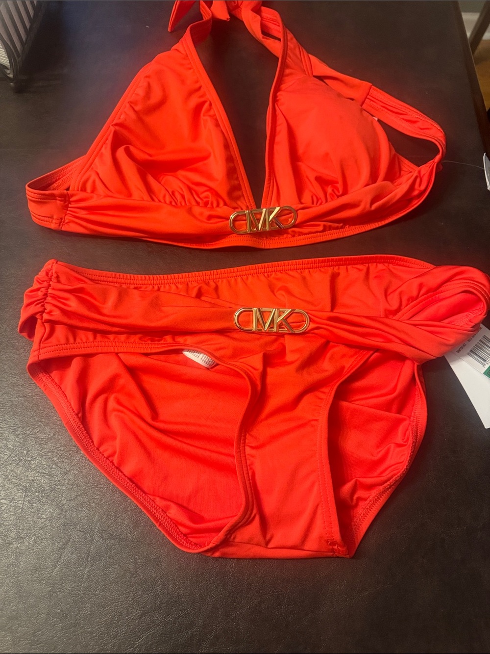 Michael Kors Bright Red Triangle Bikini with Gold MK Accent